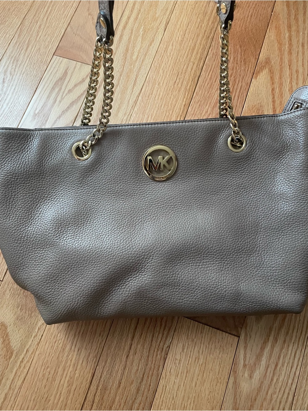 Michael Kors Gray Pebbled Leather Tote with Gold Chain Straps